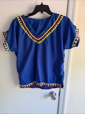 Blue Embroidered V-Neck Short Sleeve Top